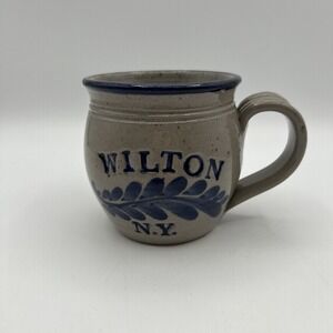 Westerwald Pottery Wilton NY Stoneware Mug Signed 3.5 in Blue Leaf PA Made USA